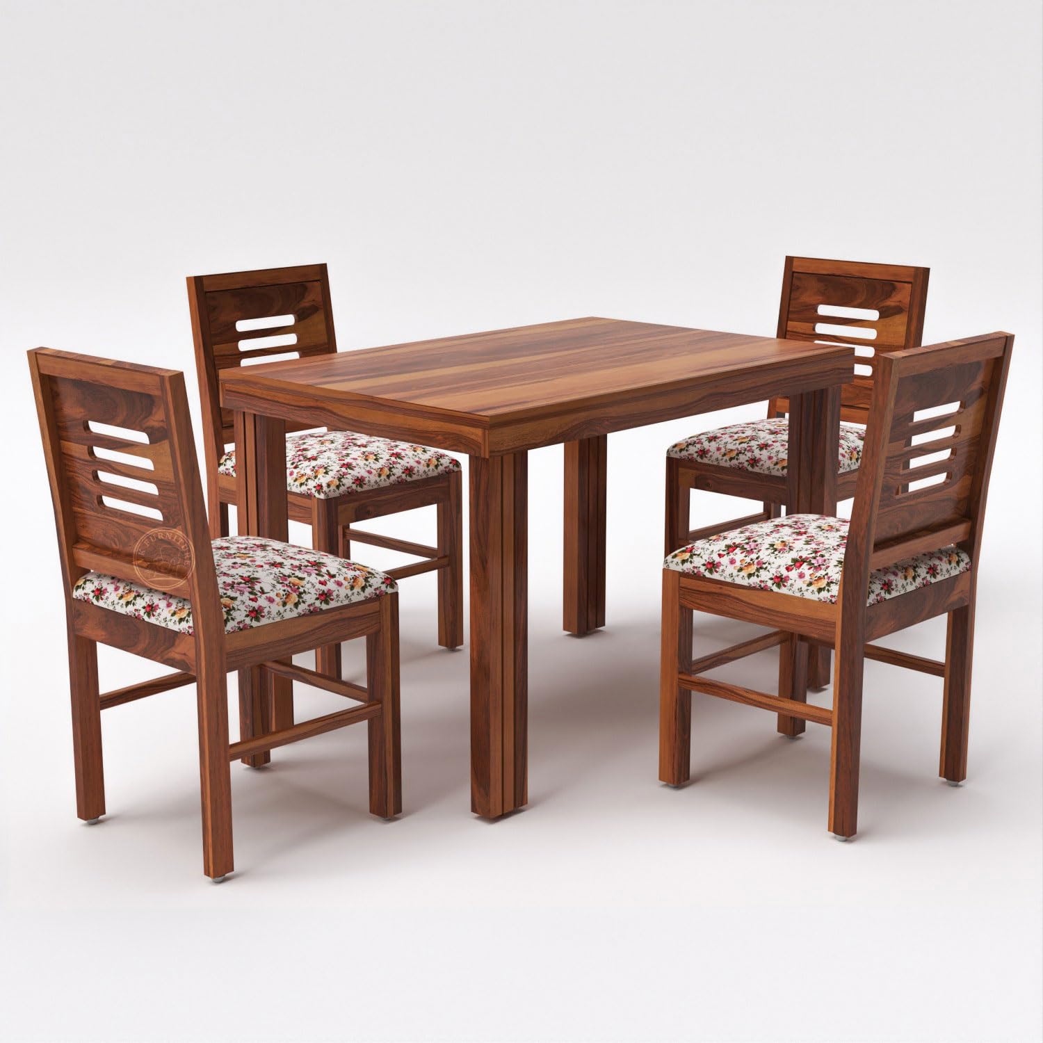 VK Furniture Sheesham Solid Wood 4 Seater Dining Table Set of Four with 4 Print Cushion Chairs for Dinner Hall Kitchen - Image 2