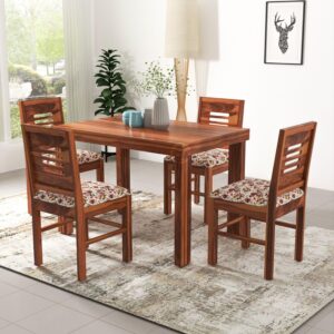 VK Furniture Sheesham Solid Wood 4 Seater Dining Table Set of Four with 4 Print Cushion Chairs for Dinner Hall Kitchen