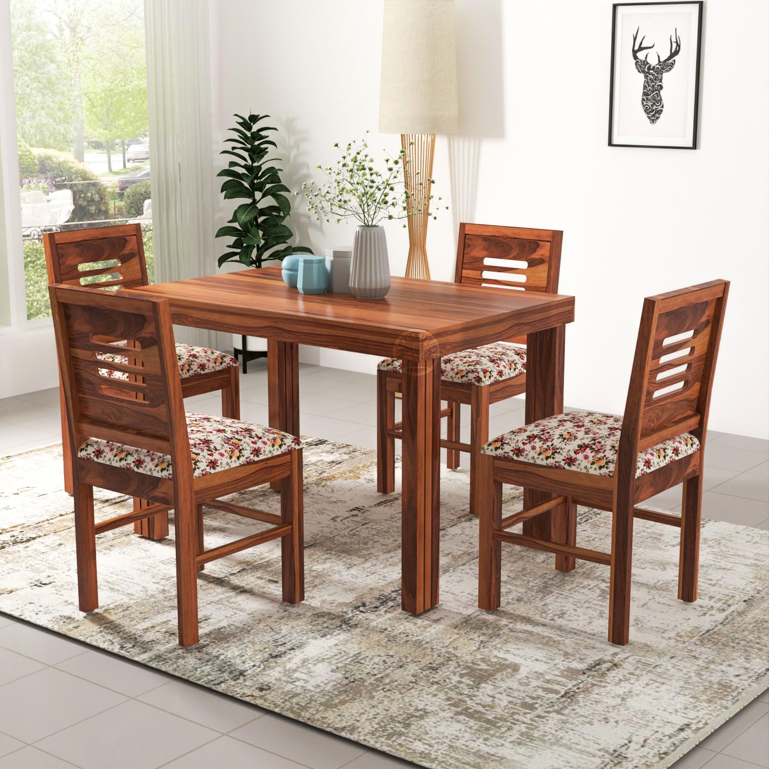 VK Furniture Sheesham Solid Wood 4 Seater Dining Table Set of Four with 4 Print Cushion Chairs for Dinner Hall Kitchen